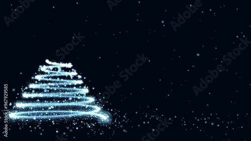 Christmas Tree Animation with Shining Light and Falling Snow on dark background, copy paste