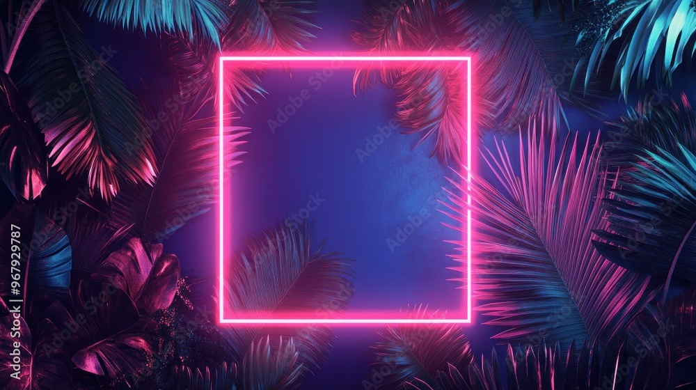 Neon Pink Frame Surrounded by Tropical Leaves Neon Pink Frame Surrounded by Tropical Leaves