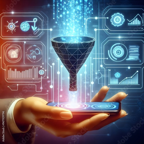Digital Sales Funnel on a phone screen in a human hand. Big Data Concept on Technological Background. Abstract Data Flow and Filter. Low Poly Wireframe Vector Illustration in futuristic style._upscayl