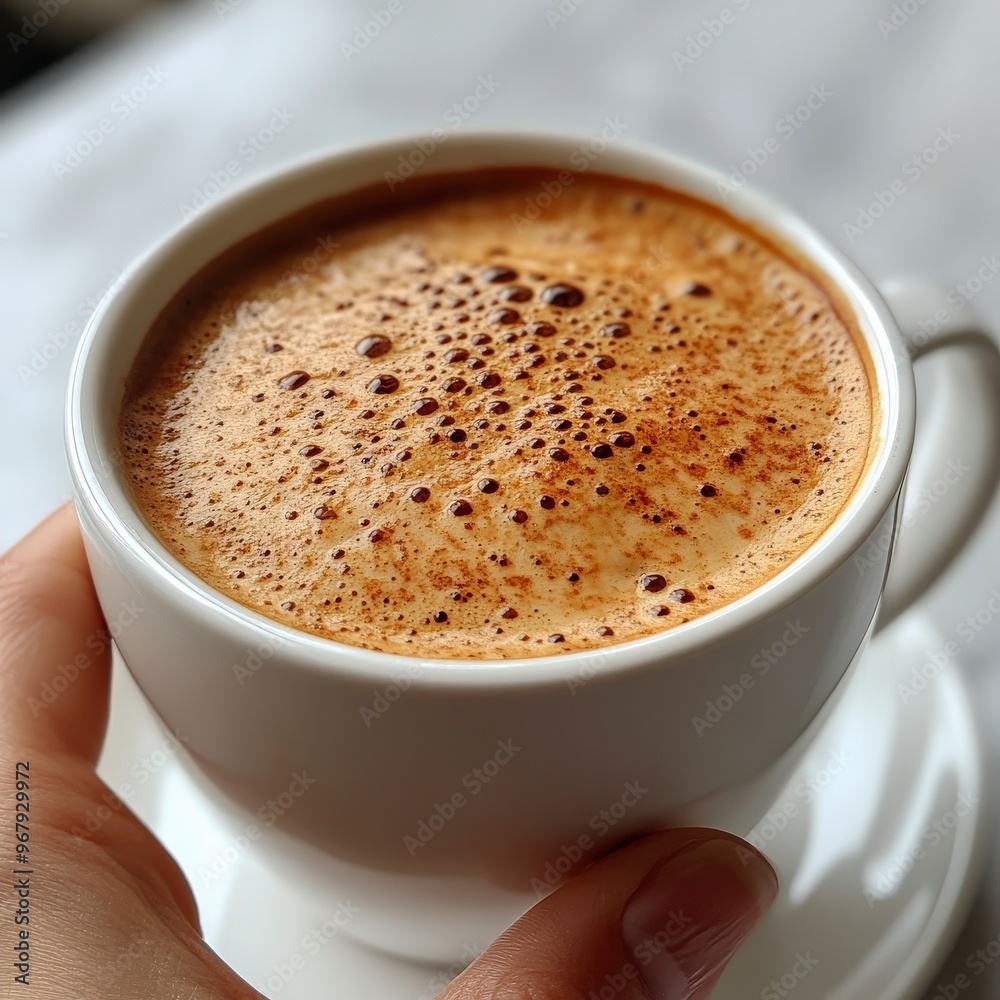 Top-Down View of Hand Holding Coffee Cup on Light Background Top-Down View of Hand Holding Coffee Cup on Light Background