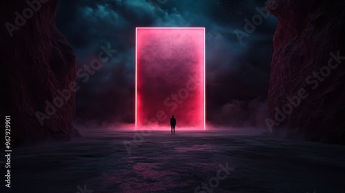 A single person confronts a brightly illuminated entryway within a dark and barren landscape. The scene evokes feelings of uncertainty and adventurous anticipation. photo