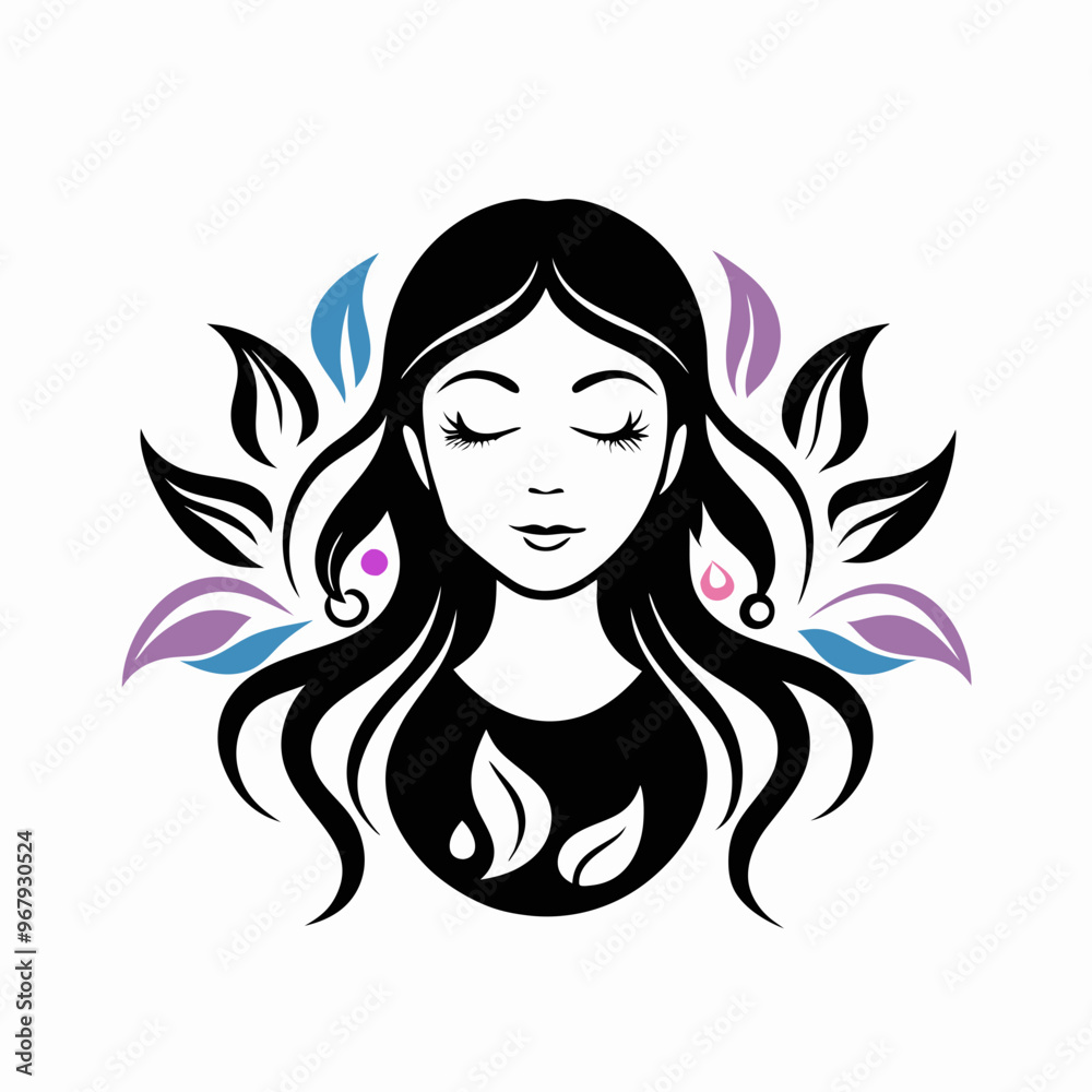 Serene Woman with Flowing Hair and Leaves Design for T-Shirt Print