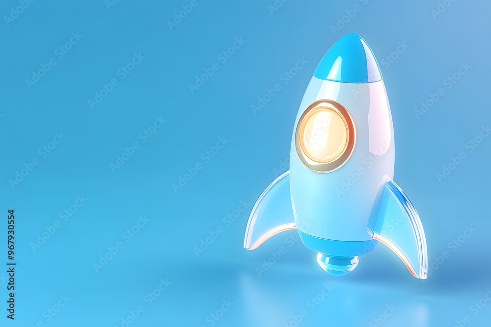 A blue and white rocket icon, with a frosted glass material and acrylic accents, set against a simple background A blue and white rocket icon, with a frosted glass material and acrylic accents, set against a simple background