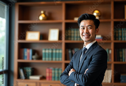 Confident Asian businessman lawyer arms crossed smiling portrait in office bookshelf background success leadership professional entrepreneur executive management corporate finance legal advisor