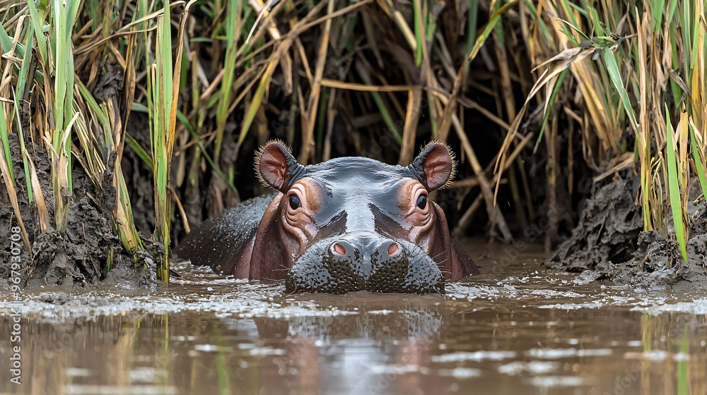 Fototapeta premium A serene image of a hippo peeking through tall grasses near the water, showcasing wildlife in its natural habitat.