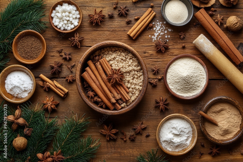Christmas cinnamon sticks, star anise, cloves, nutmeg, brown sugar, flour Christmas cinnamon sticks, star anise, cloves, nutmeg, brown sugar, flour