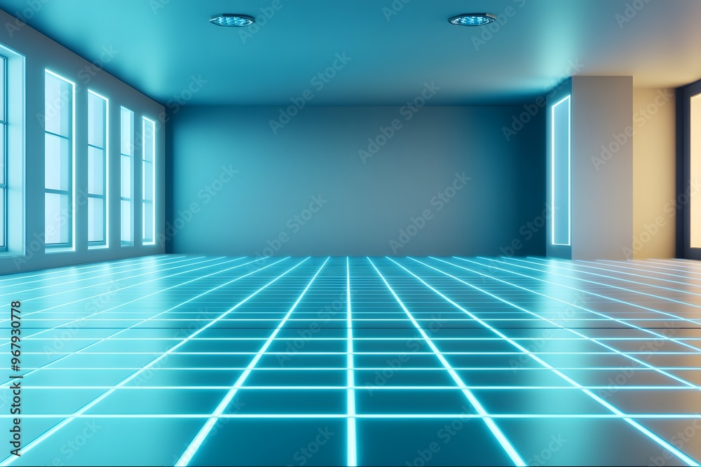 a grid of glowing blue lines on a dark background, an empty room, an empty floor, and empty walls a grid of glowing blue lines on a dark background, an empty room, an empty floor, and empty walls