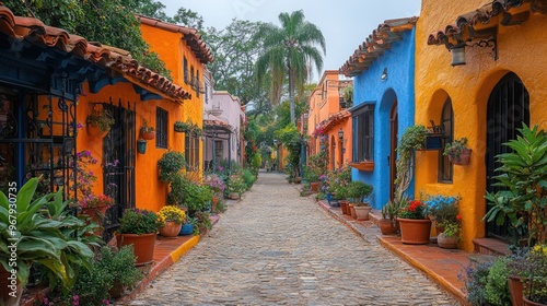 Colorful cobblestone street lined with vibrant houses and plants.
