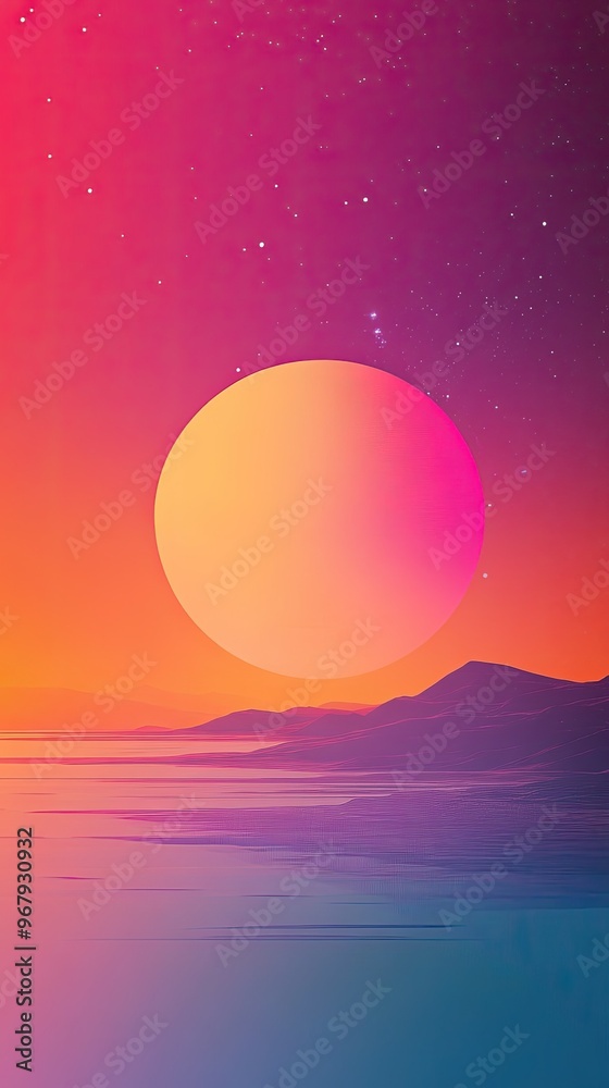 A vibrant sunset landscape with a large stylized sun, blending colors of pink, purple, and orange over serene water and mountains. A vibrant sunset landscape with a large stylized sun, blending colors of pink, purple, and orange over serene water and mountains.