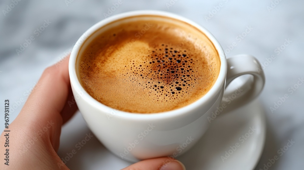 Top-Down View of Hand Holding Coffee Cup on Light Background Top-Down View of Hand Holding Coffee Cup on Light Background