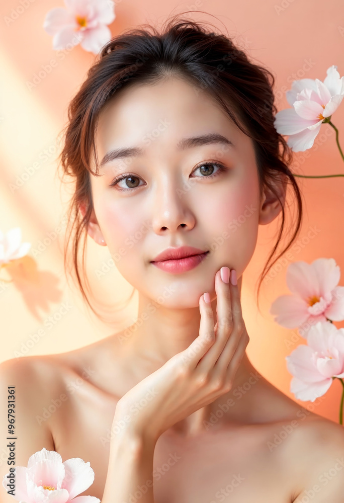 Beautiful Asian Woman Flawless Skin Beauty Portrait Flowers Skincare Cosmetics Concept Peach Background Youthful Glow Natural Makeup Wellness Spa Treatment Dermatology Self Care Purity Femininity