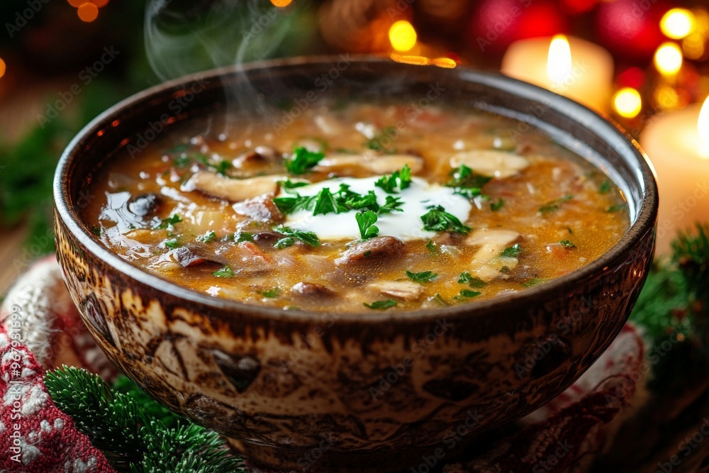 steaming bowl of Christmas mushroom soup, made with dried forest mushrooms in a rustic ceramic bowl