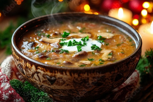Obraz na płótnie steaming bowl of Christmas mushroom soup, made with dried forest mushrooms in a rustic ceramic bowl w salonie