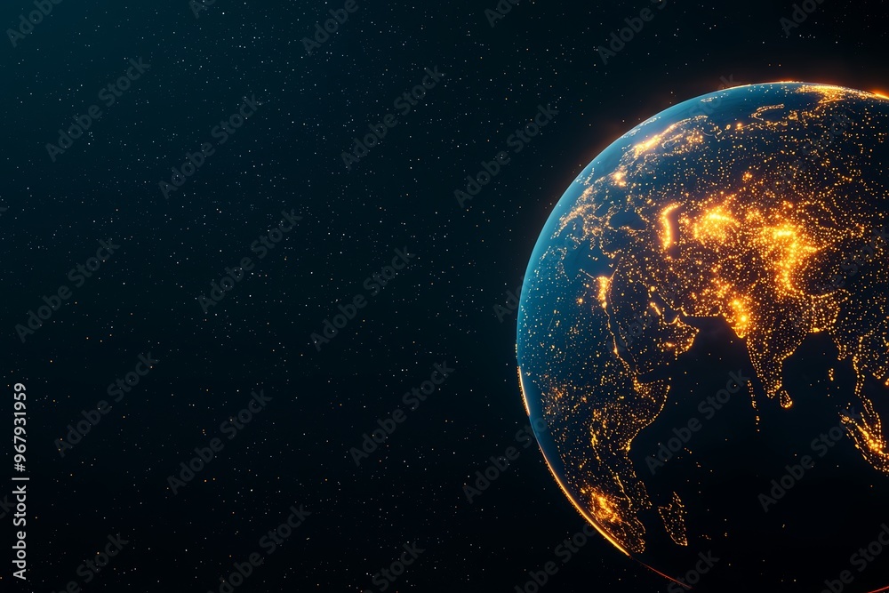 Obraz premium An abstract representation of global digital networks, featuring Earth illuminated by streams of data in neon blue and orange hues, set against a deep space backdrop