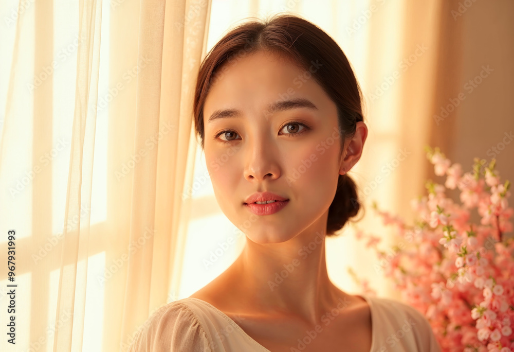 Beautiful Asian Woman with Natural Makeup Posing by the Window with Flowers Golden Hour Beauty Portrait Skincare Cosmetics and Wellness Concept Beautiful Asian Woman with Natural Makeup Posing by the Window with Flowers Golden Hour Beauty Portrait Skincare Cosmetics and Wellness Concept