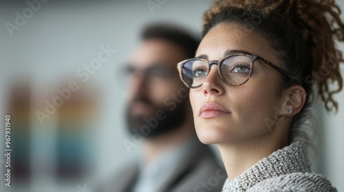 A woman wearing glasses is looking thoughtfully into the distance in a formal setting, indicating contemplation and focus. A blurred figure in the background adds depth.