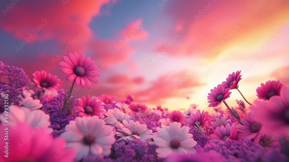 A vibrant sunset illuminates a field of wildflowers, their petals shimmering with an iridescent glow, creating a scene of surreal beauty against the backdrop of a fiery sky. A vibrant sunset illuminates a field of wildflowers, their petals shimmering with an iridescent glow, creating a scene of surreal beauty against the backdrop of a fiery sky.