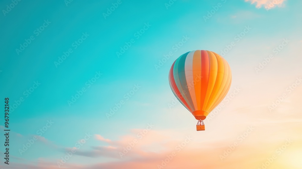 Obraz premium A lone hot air balloon floats gently through the sky, its colorful silhouette illuminated by the warm glow of a setting sun, as if it were a part of a whimsical dream.