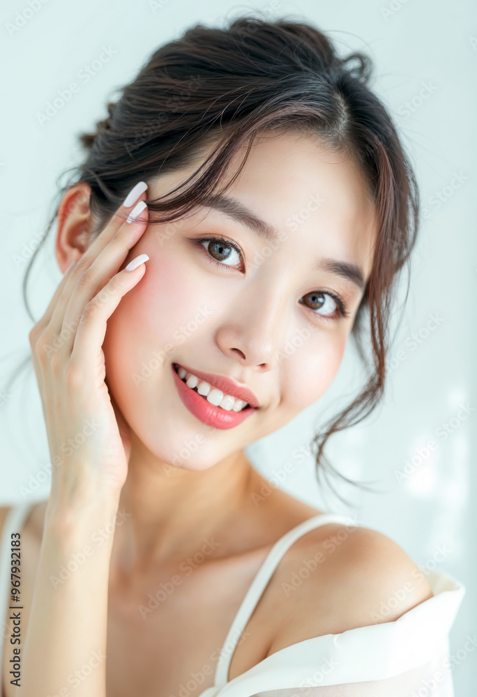 Beautiful Asian Woman Skincare And Beauty Portrait with Fresh Skin Glow Makeup And White Teeth Smile On White Background Beautiful Asian Woman Skincare And Beauty Portrait with Fresh Skin Glow Makeup And White Teeth Smile On White Background