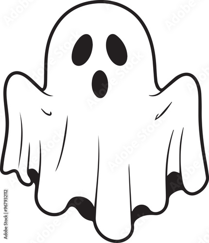 A simple and minimalist silhouette of a cheerful ghost. The ghost is completely white with a wide, friendly smile and large oval eyes, giving it a playful and approachable appearance	