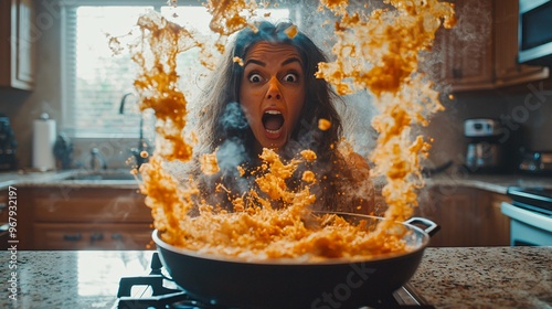 A shocked woman in the kitchen witnessing a cooking disaster, with flames and splashes of sauce in an intense moment.