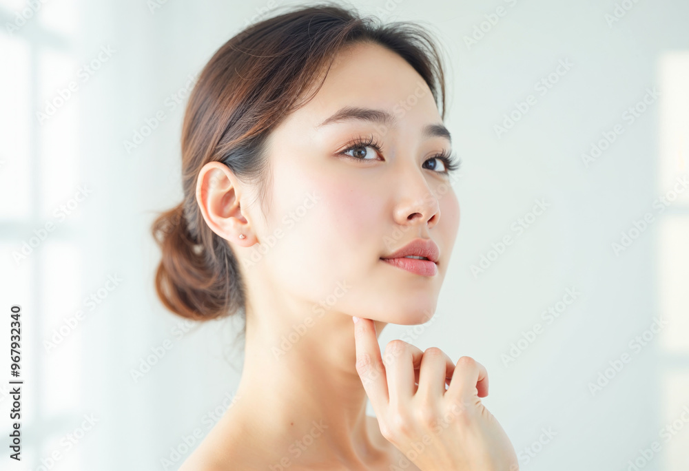 Beautiful Asian Woman Healthy Skin Care Concept Touching Face Gently For Skincare And Beauty Products Model On White Background Beautiful Asian Woman Healthy Skin Care Concept Touching Face Gently For Skincare And Beauty Products Model On White Background