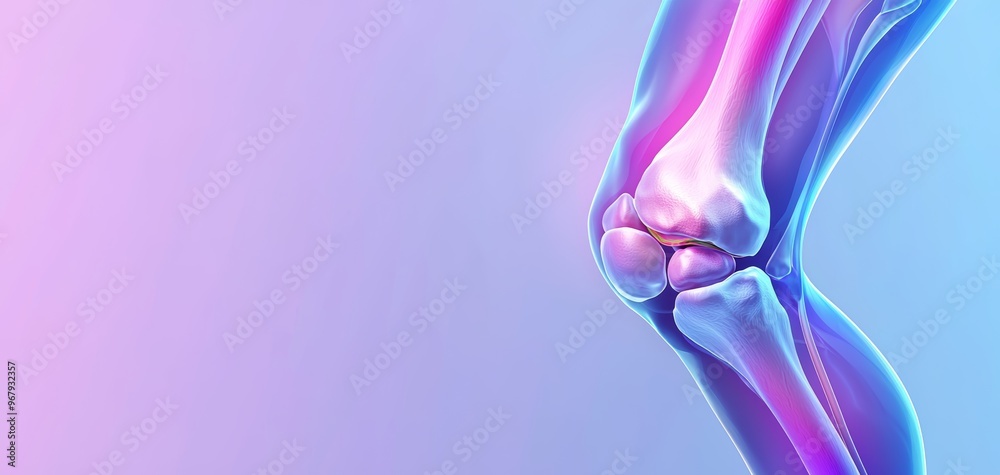 An isometric view of a human knee joint with color-coded elements to represent healthy tissue versus injured or inflamed areas An isometric view of a human knee joint with color-coded elements to represent healthy tissue versus injured or inflamed areas