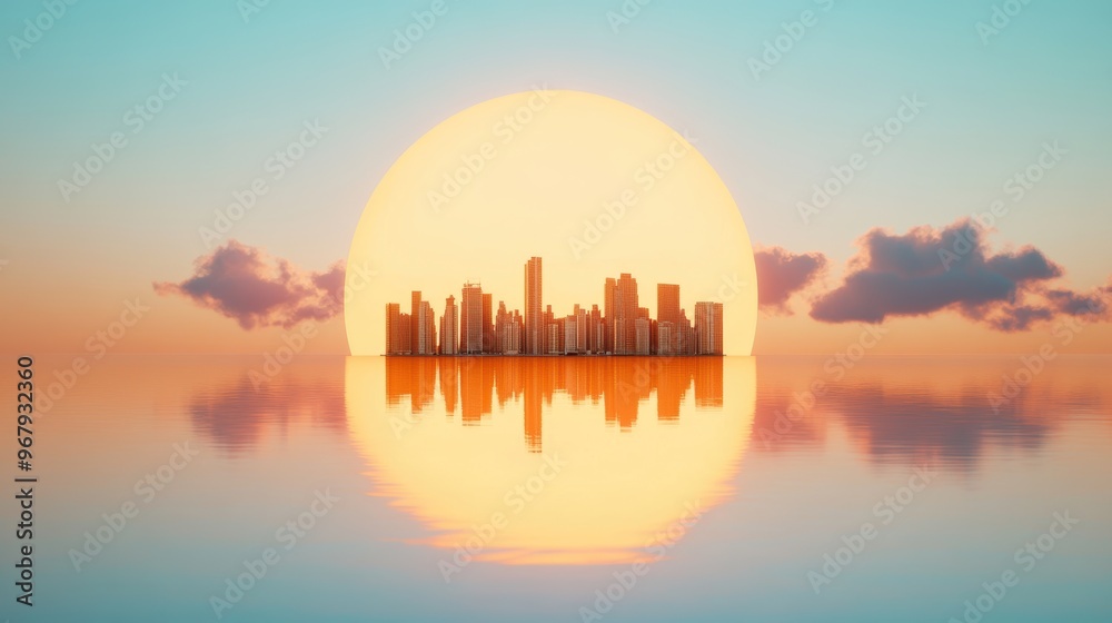 Obraz premium A distant city appears to be floating on a shimmering mirage, its buildings bathed in the warm glow of the setting sun, creating a surreal scene of urban fantasy.