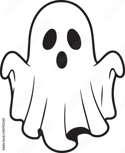 A simple and minimalist silhouette of a cheerful ghost. The ghost is completely white with a wide, friendly smile and large oval eyes, giving it a playful and approachable appearance	