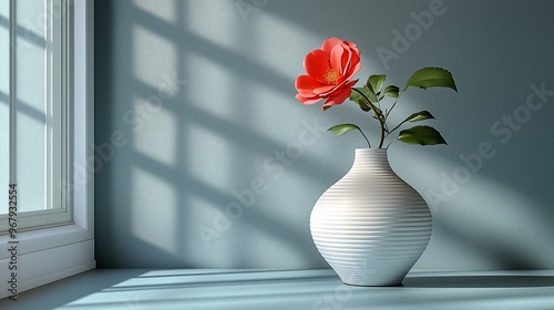 A single vibrant red flower in a white ribbed vase sits on a windowsill, bathed in soft sunlight casting geometric shadows.