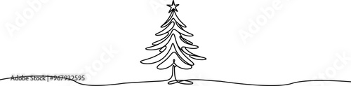 Christmas tree one line drawing.Merry Christmas decoration continuous line.Continuous line drawing of christmas tree with a star.	