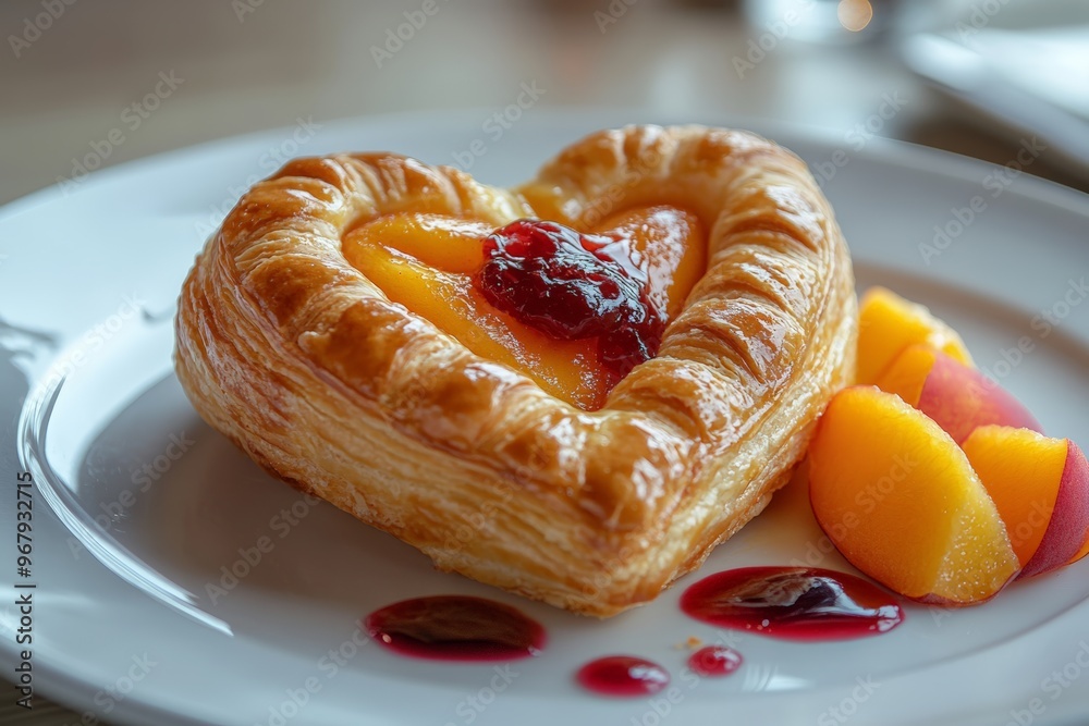 heart-shaped peach puff, resting on a white plate, adorned with fresh fruit and a drizzle of jam
