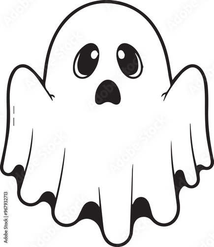 A simple and minimalist silhouette of a cheerful ghost. The ghost is completely white with a wide, friendly smile and large oval eyes, giving it a playful and approachable appearance	