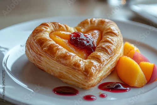 Obraz na płótnie heart-shaped peach puff, resting on a white plate, adorned with fresh fruit and a drizzle of jam w salonie