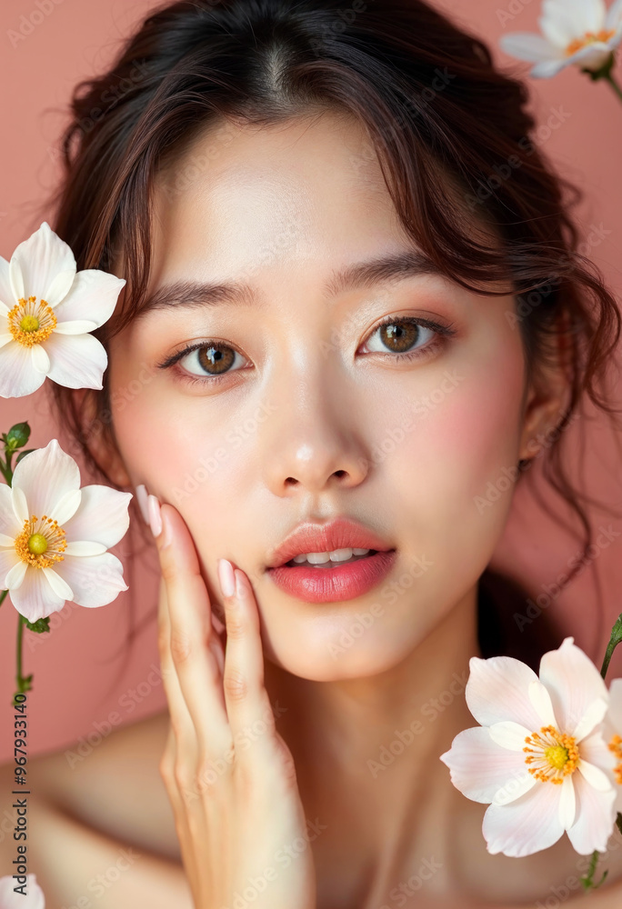Beautiful Asian woman with glowing skin and flowers skincare cosmetics beauty portrait Beautiful Asian woman with glowing skin and flowers skincare cosmetics beauty portrait