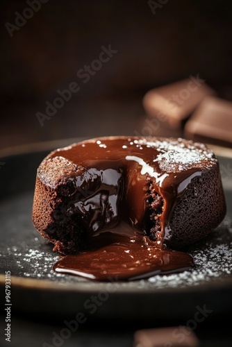 Close-Up of Molten Lava Cake Oozing Dark Chocolate photo