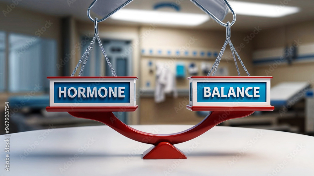 © nasir1164 - 3d illustration design concept render of a scale sign labeled word text 'BALANCE HORMONE' symbolizing the balance between hormones and balance within the body
