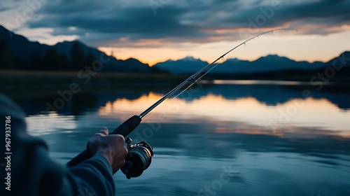 Serene Fishing Moment at Dusk - Close-up of Person Casting Line into Tranquil Lake with Mountain View