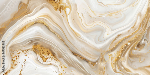 Marble suminagashi beige gold ink abstract background. White gold liquid ecru brush texture pattern. Winter oriental Chinese acrylic painting stone paper texture