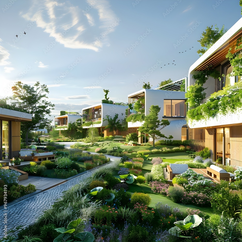 Fototapeta premium Sustainable Eco Village with Communal Green Spaces and Modern Eco Friendly Homes