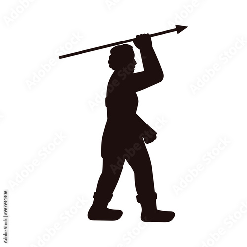Vector illustration black silhouette of a prehistoric warrior holding a spear on a white background