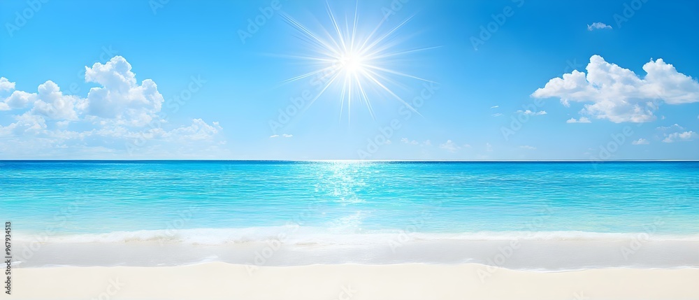 Obraz premium Bright summer sun shining over a tropical beach with clear blue skies. Concept Tropical Paradise, Summer Vibes, Clear Blue Skies, Sunlit Beach, Relaxing Atmosphere
