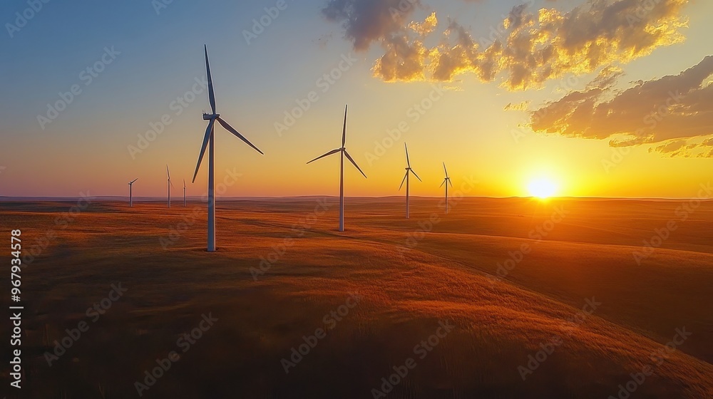 Wind turbines at sunset in a renewable energy wind farm, Ai Generation Wind turbines at sunset in a renewable energy wind farm, Ai Generation