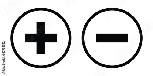 Plus and minus icon. Round plus and minus sign icon set. Set of plus and minus icons isolated on white background. Vector illustration. photo