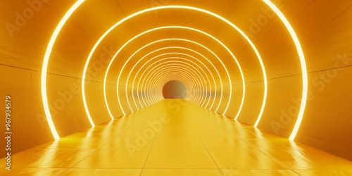 Empty yellow tunnel light room background. Abstract space tunnel interior. Modern perspective hall stage design. Futuristic neon road