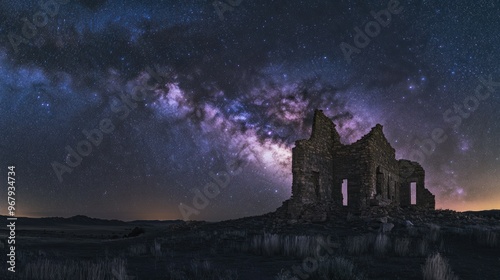 A starry night sky over the ruins of an old building, showcasing the Milky Way's beauty.