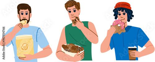 pretzels man eating snacks vector. nuts cookies, candy chocolate, biscuits granola pretzels man eating snacks character. people flat cartoon illustration