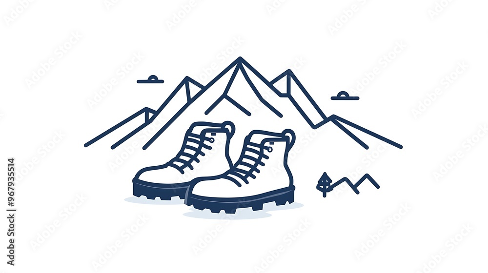 Minimalist Linear Vector Illustration of Hiking Icon with Boots and Mountain on White Background Minimalist Linear Vector Illustration of Hiking Icon with Boots and Mountain on White Background