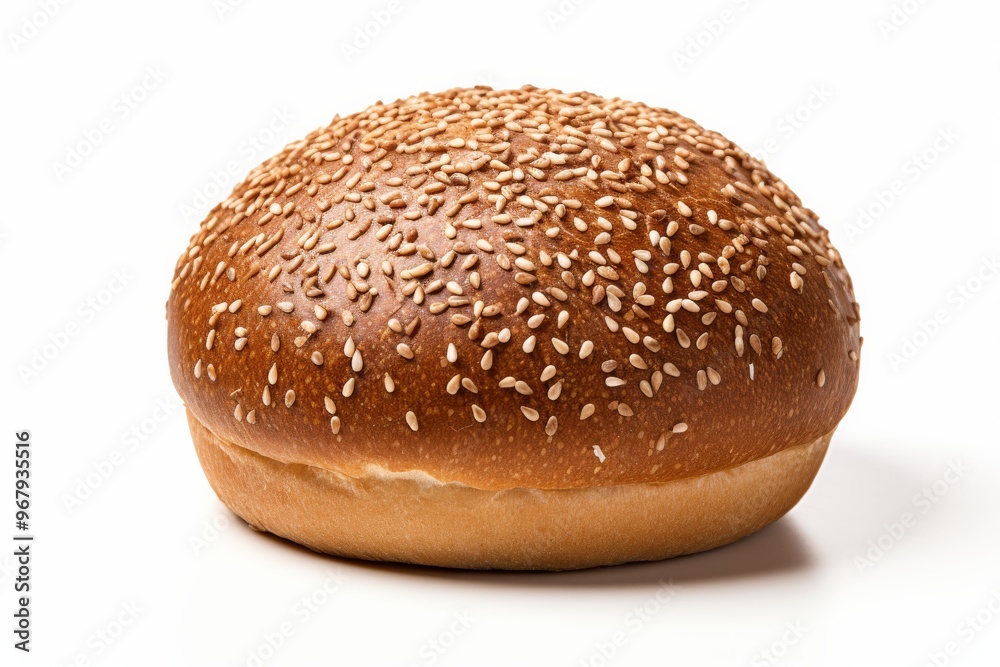 Freshly baked sesame seed bun on a white background ready for a delicious meal option Freshly baked sesame seed bun on a white background ready for a delicious meal option