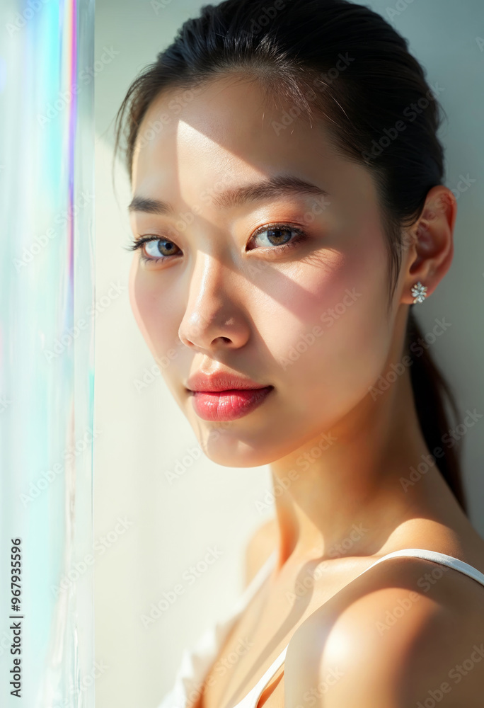Naklejka premium Beautiful Asian Woman Natural Beauty Portrait Skincare Makeup Wellness Spa Cosmetics Glowing Skin Sunlight Shine Through Window